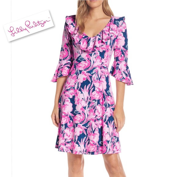 LILLY PULITZER STIRLING DRESS STYLE 001144 INKY NAVY FLAMINGLE XS RUFFLE A-LINE - Picture 1 of 14